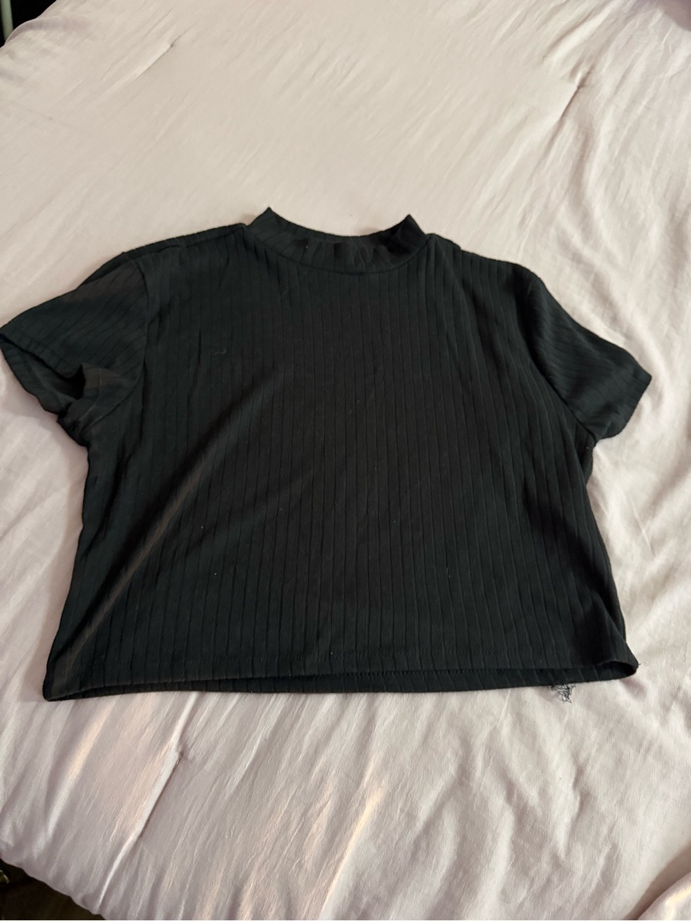 Women's Black Crop Ribbed Short-Sleeve Mock Neck Top